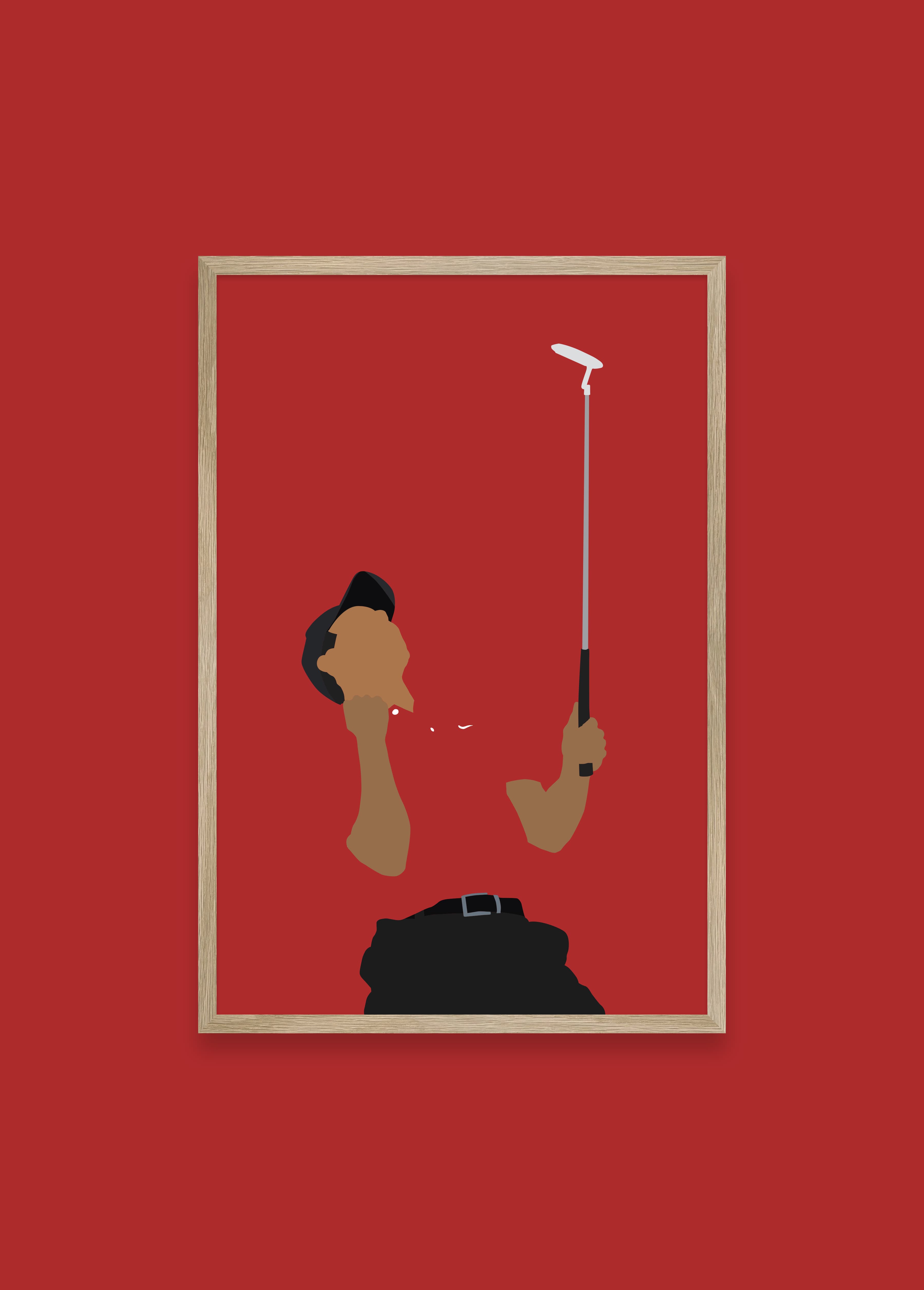 Sunday Red golf art print — Tiger Woods iconic fist pump in red