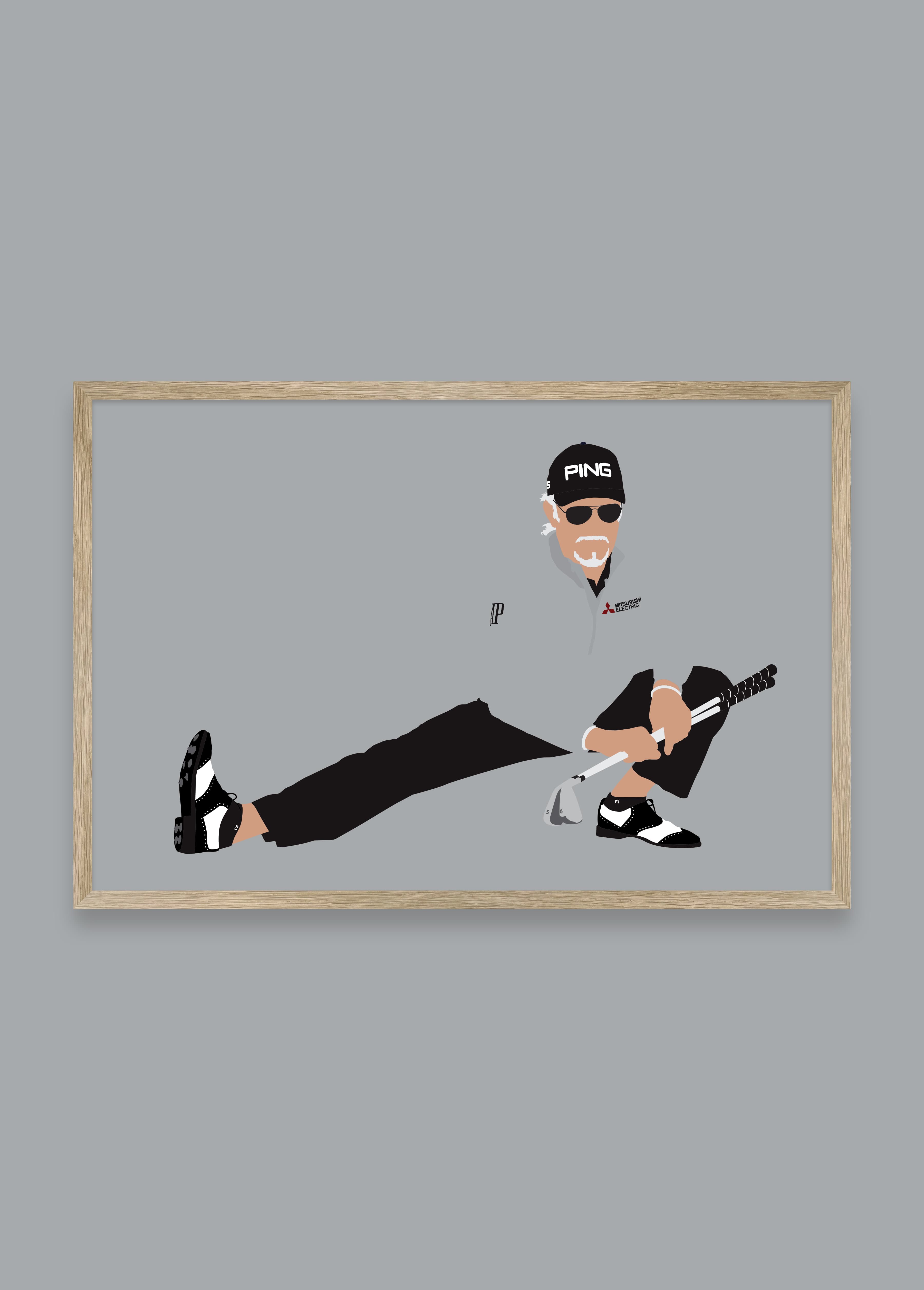 The Mechanic I golf art print — Angel Jimenez warm-up flexibility routine